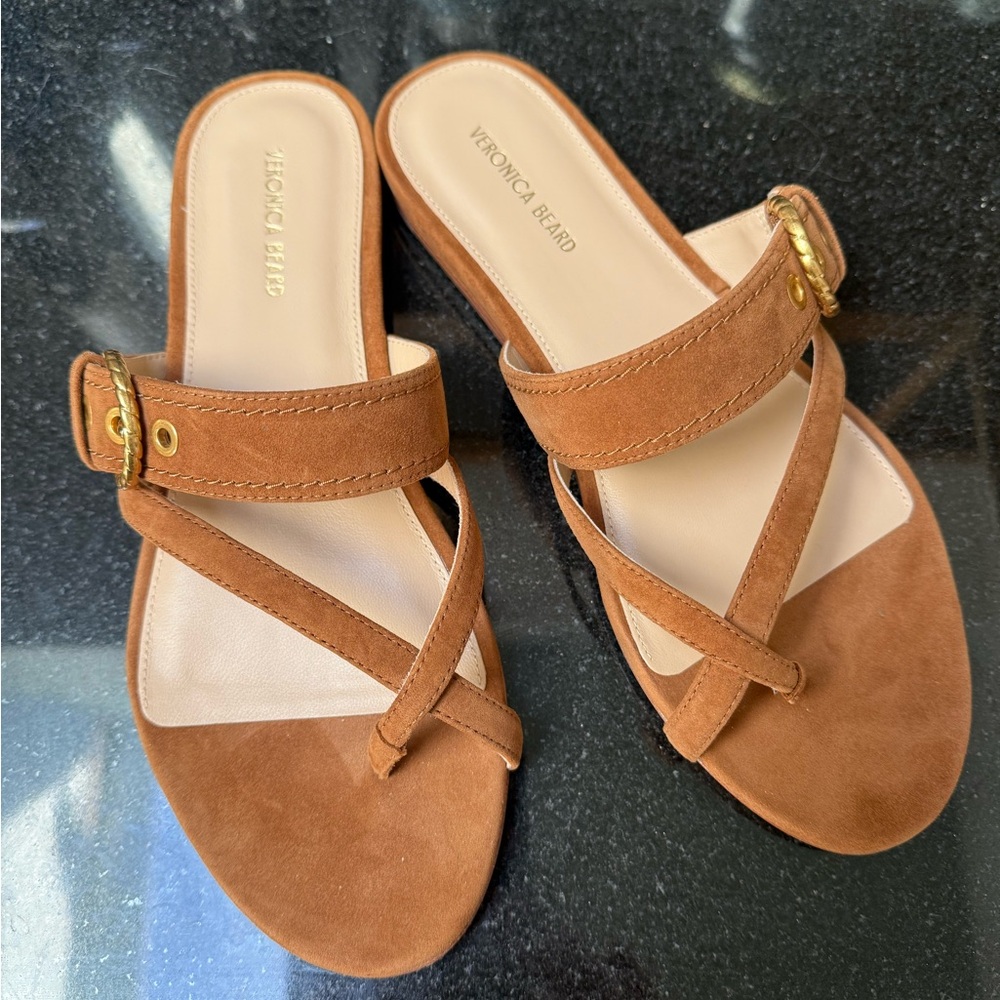 Veronica Beard Brown Leather Sandals Toe Loop Design